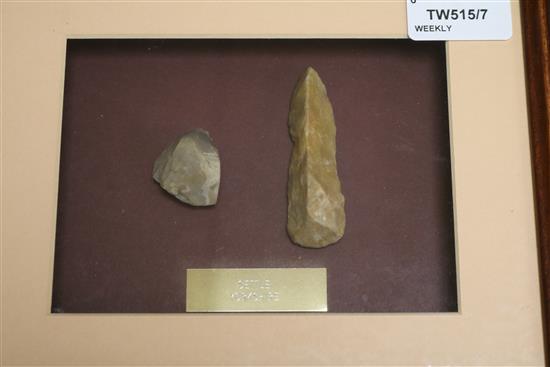 Three small framed displays of prehistoric flint tools, etc.,